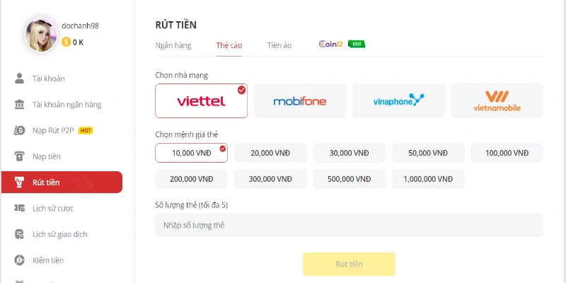 Trước khi thực hiện lệnh rút tiền, người chơi cần phải xác minh danh tính tài khoản